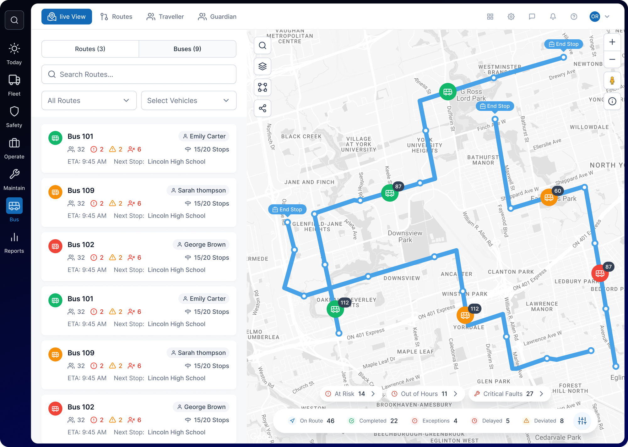 Operator dispatch dashboard — live fleet map and bus list