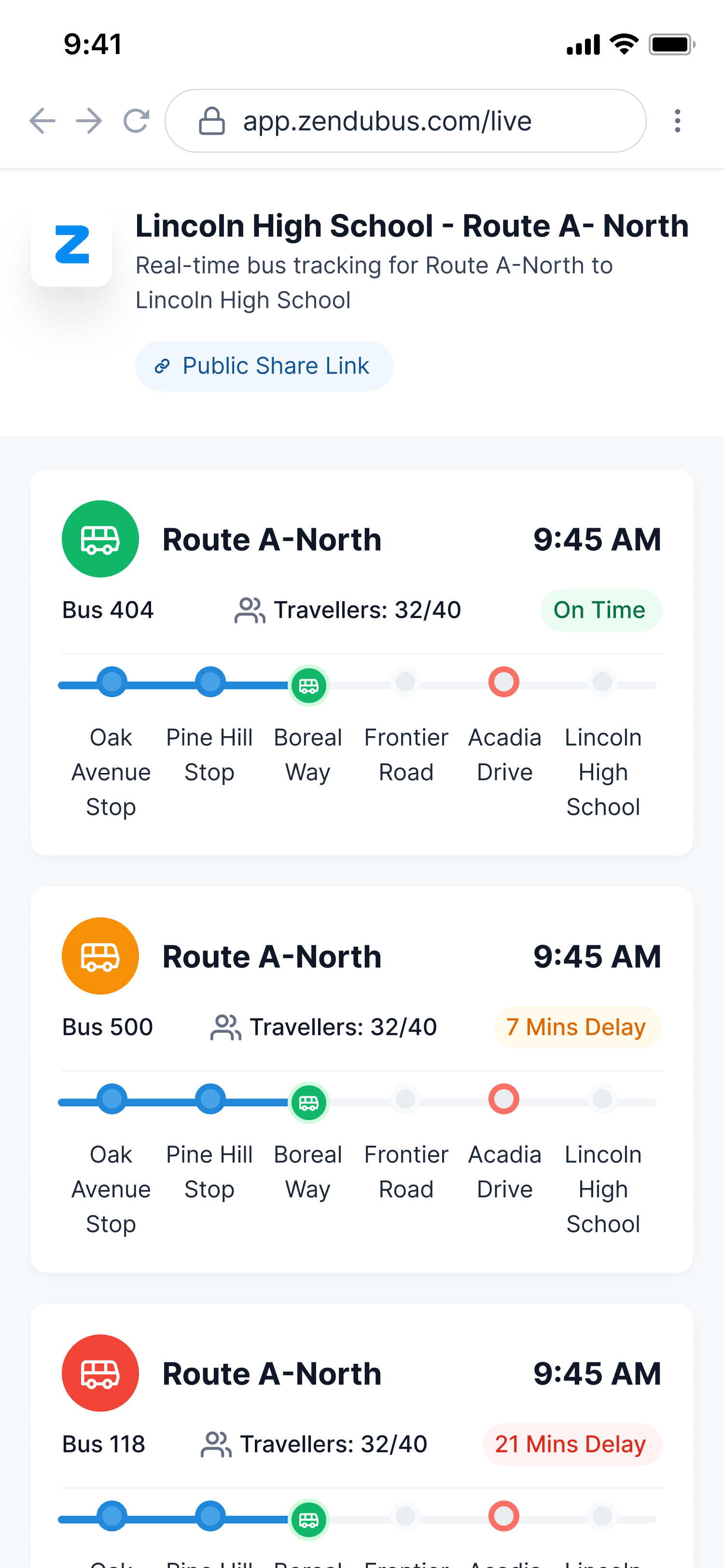 Rider mobile share link with route timelines