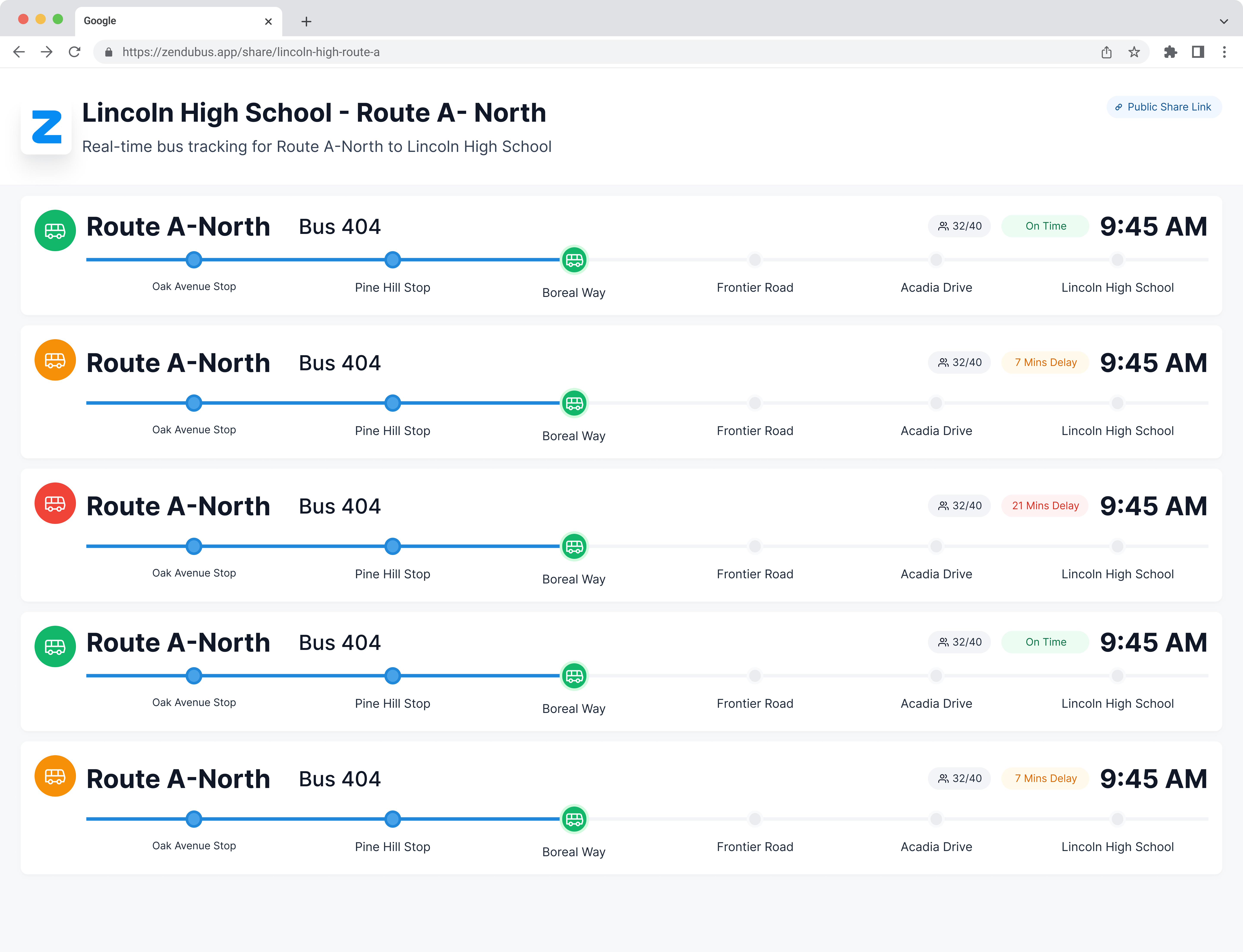 Public share link with live route timelines
